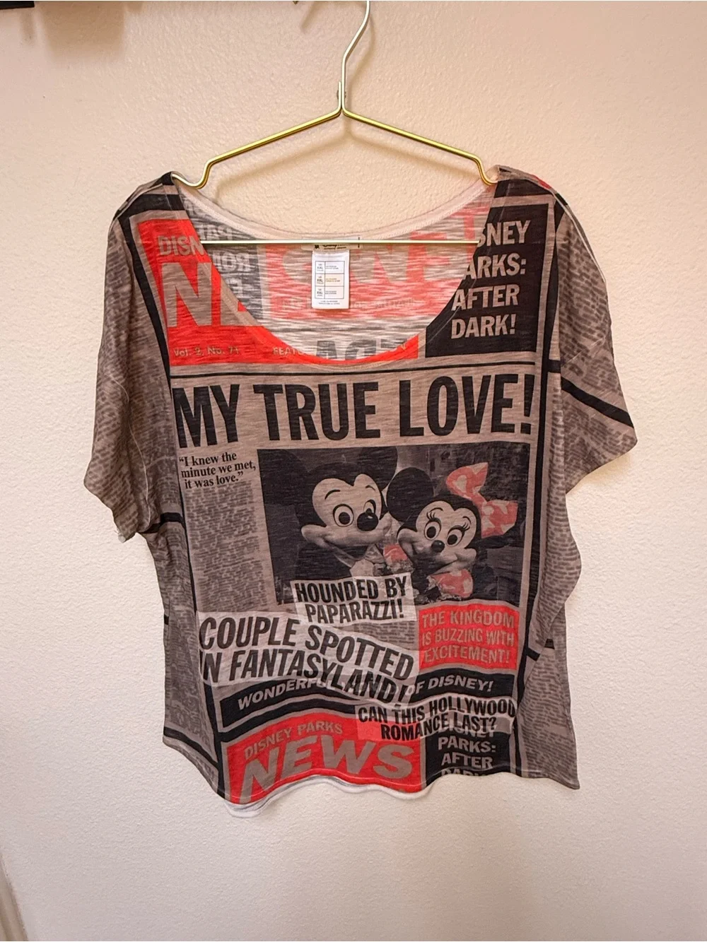 Disney‎ Parks Mickey Minnie Newspaper Print Top XXL Oversized Sheer Graphic Tee